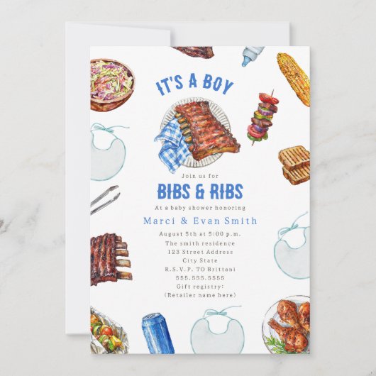 Bibs & Ribs BBQ Cookout Boy Baby Shower  招待状 (正面)