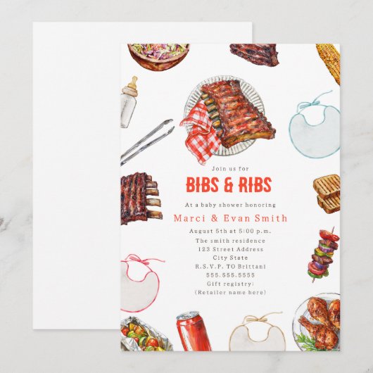 Bibs & Ribs BBQ Cookout Neutral Baby Shower  招待状 (正面/裏面)