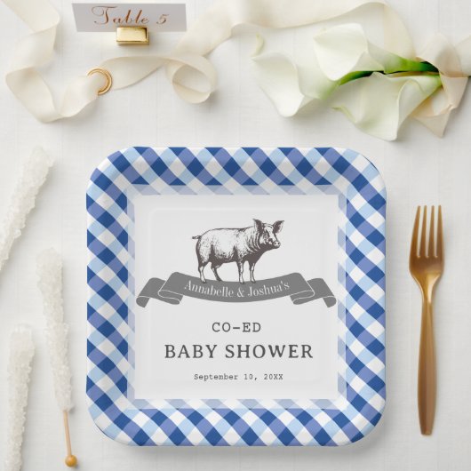 Bibs & Ribs BBQ Rustic Navy Gingham Baby Shower ペーパープレート (ウェディング)