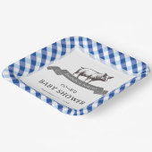Bibs & Ribs BBQ Rustic Navy Gingham Baby Shower ペーパープレート (傾斜あり)