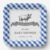 Bibs & Ribs BBQ Rustic Navy Gingham Baby Shower ペーパープレート (正面)