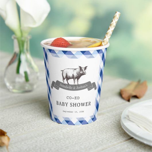 Bibs & Ribs BBQ Rustic Navy Gingham Baby Shower 紙コップ (インサイチュ)