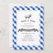 Bibs & Ribs Rustic Navy Gingham Co-Ed Baby Shower 招待状 (正面)