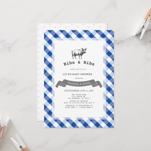 Bibs & Ribs Rustic Navy Gingham Co-Ed Baby Shower 招待状 (正面/裏面インサイチュ)