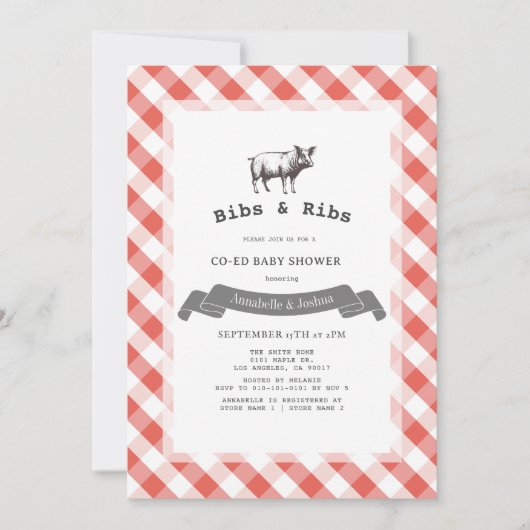 Bibs & Ribs Rustic Red Gingham Co-Ed Baby Shower 招待状 (正面)