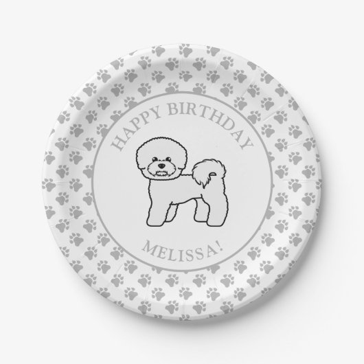 Bichon Friseかわいい漫画の犬の誕生日パーティー ペーパープレート (正面)