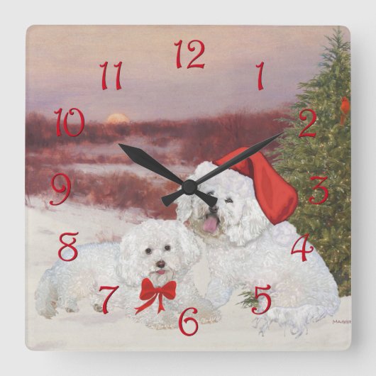 Bichon Friseのクリスマス スクエア壁時計 (正面)