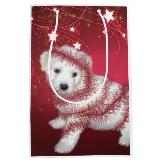 Bichon Friseの子犬のクリスマス ミディアムペーパーバッグ (正面)