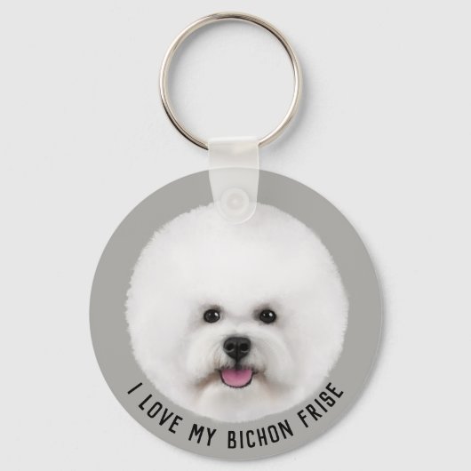 Bichon Friseキーチ図解入りの、写真付きのェーン キーホルダー (正面)