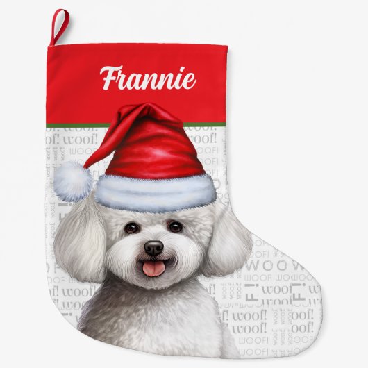 Bichon Frise犬と犬の名前 ラージクリスマスストッキング (正面)