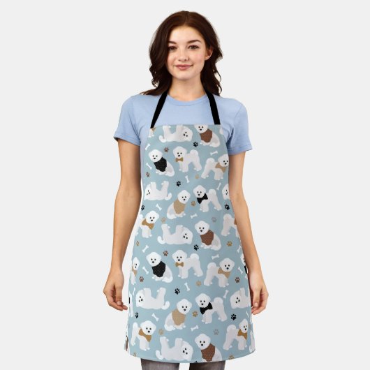 Bichon Frise Bones and Paws Blue エプロン (着用した状態)