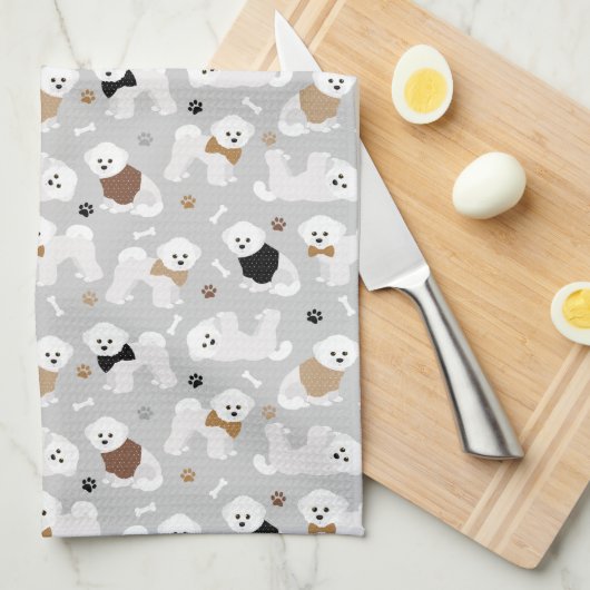 Bichon Frise Bones and Paws Gray キッチンタオル (四つ折り)