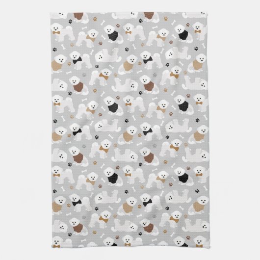 Bichon Frise Bones and Paws Gray キッチンタオル (縦)