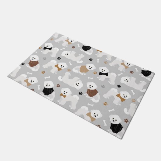 Bichon Frise Bones and Paws Gray ドアマット (アングル)