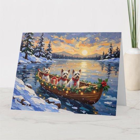 Bichon Frise Christmas Boat Holiday カード (正面)