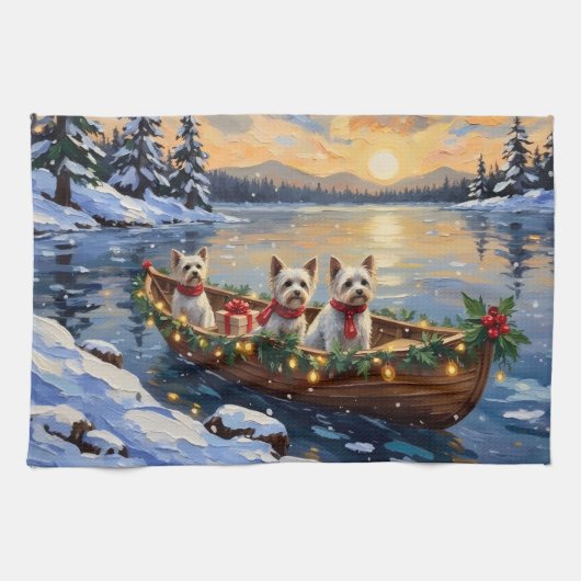 Bichon Frise Christmas Boat Holiday キッチンタオル (横)