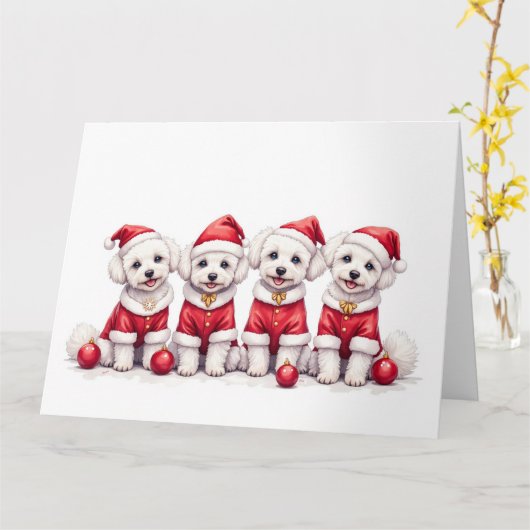 Bichon Frise Christmas Dress Santa Hat カード (黄色い花)