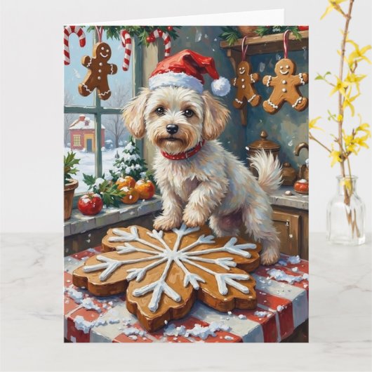 Bichon Frise Christmas Gingerbread Baking Holiday カード (黄色い花)