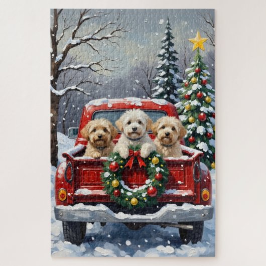 Bichon Frise Christmas Red Truck Holiday ジグソーパズル (縦)