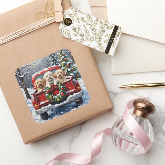 Bichon Frise Christmas Red Truck Holiday スクエアシール (ギフト)