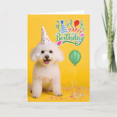 Bichon Frise Dog in Party Hat on Yellow Birthday カード (正面)