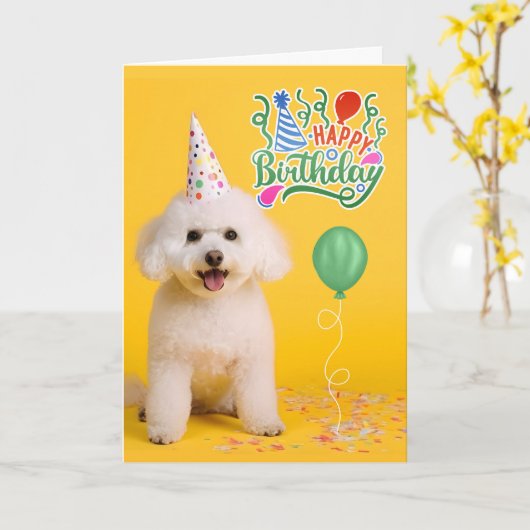 Bichon Frise Dog in Party Hat on Yellow Birthday カード (黄色い花)