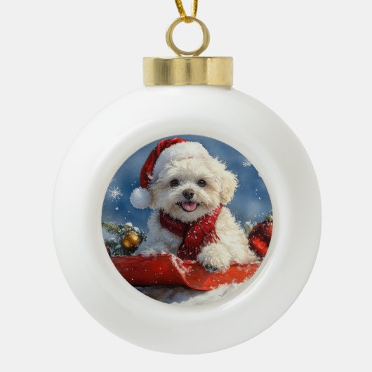 Bichon Frise Dog in Sledge Let it Snow Christmas  セラミックボールオーナメント (正面)
