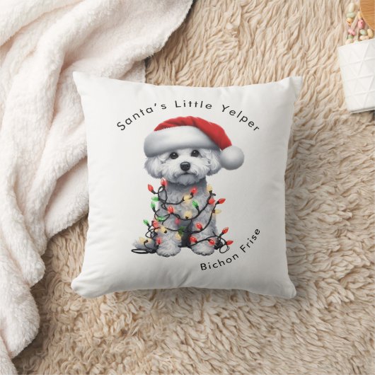 Bichon Frise Dog Wrapped In Christmas Light クッション (ブランケット)