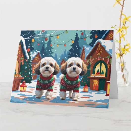 Bichon Frise Dogs Christmas Snow Holiday カード (黄色い花)