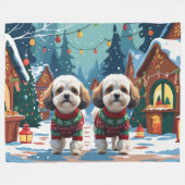 Bichon Frise Dogs Christmas Snow Holiday フリースブランケット (正面(横))