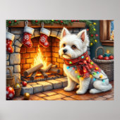 Bichon Frise Fireplace with Christmas Lights ポスター (正面)