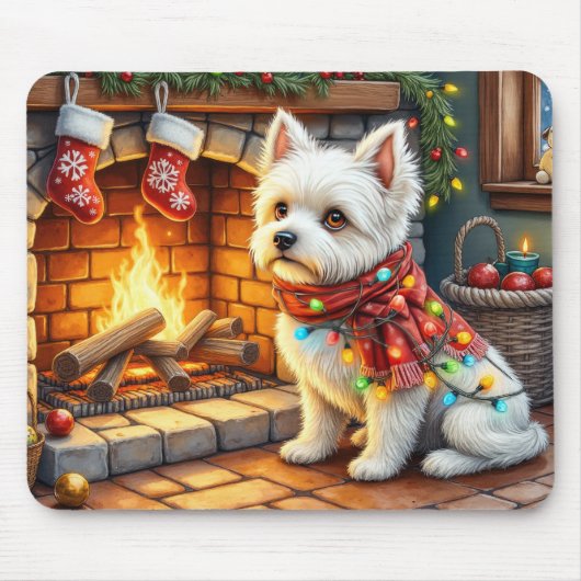 Bichon Frise Fireplace with Christmas Lights マウスパッド (正面)