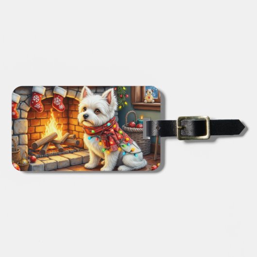 Bichon Frise Fireplace with Christmas Lights ラゲッジタグ (正面横)