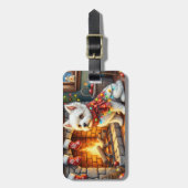 Bichon Frise Fireplace with Christmas Lights ラゲッジタグ (正面縦)