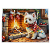 Bichon Frise Fireplace with Christmas Lights ラージペーパーバッグ (正面)