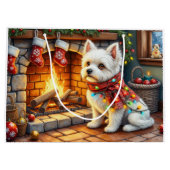 Bichon Frise Fireplace with Christmas Lights ラージペーパーバッグ (裏面)