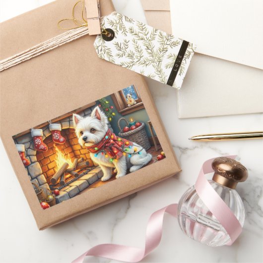 Bichon Frise Fireplace with Christmas Lights 長方形シール (ギフト)