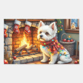 Bichon Frise Fireplace with Christmas Lights 長方形シール (正面)