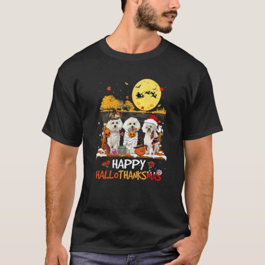 Bichon Frise Happy Hallothanksmas Halloween Thanks Tシャツ (正面)