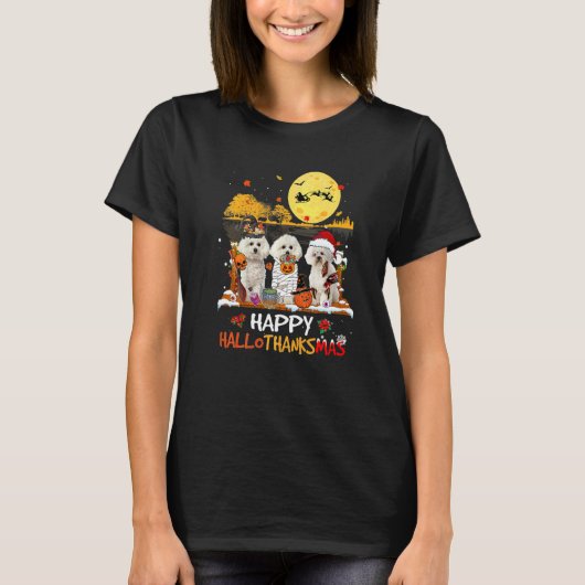 Bichon Frise Happy Hallothanksmas Halloween Thanks Tシャツ (正面)