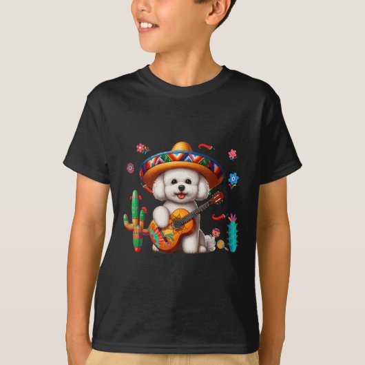 Bichon Frise Sombrero Mexican Guitar Cinco De Mayo Tシャツ (正面)
