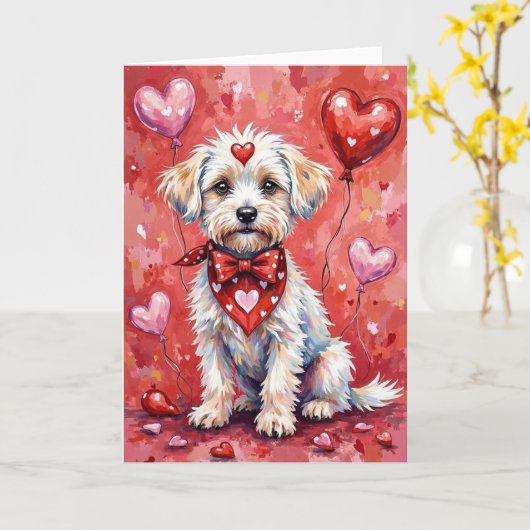 Bichon Frise Valentine’s Day Dog with Hearts Red カード (黄色い花)