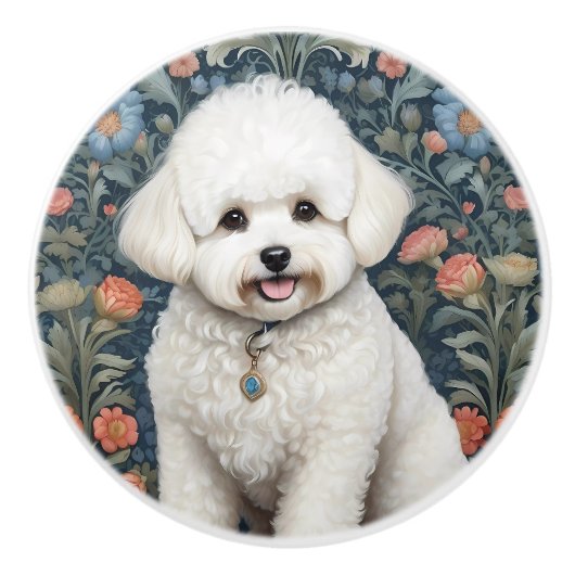 Bichon Frisé William Morris Inspired Floral セラミックノブ (正面)