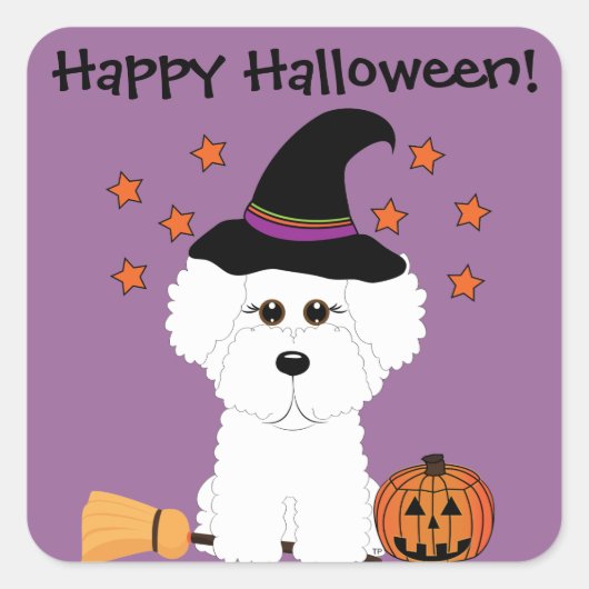 Bichon Frise Witchカスタマイズ可能なハロウィンステッカー スクエアシール (正面)