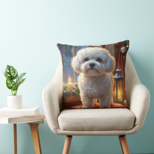 Bichon Frise With Christmas Lights Holiday クッション (椅子)