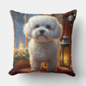 Bichon Frise With Christmas Lights Holiday クッション (正面)