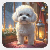 Bichon Frise With Christmas Lights Holiday スクエアシール (正面)