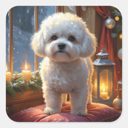 Bichon Frise With Christmas Lights Holiday スクエアシール (正面)