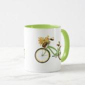 Bicycle With Bird and Flower Basket Green Yellow マグカップ (正面右)
