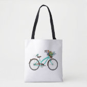 Bicycle With Bird and Flower Basket Turquoise Blue トートバッグ (正面)